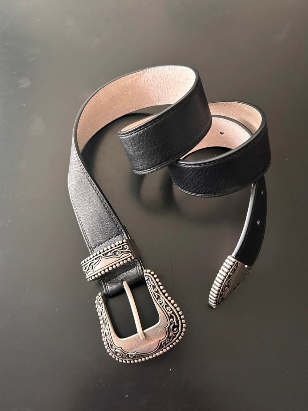 Vince Camuto Black Western Belt Ornate Silver Buckle Tip Cowgirl Boho Size 34